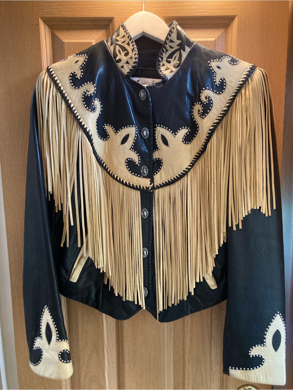 Black & Cream Western Fringe Leather Jacket